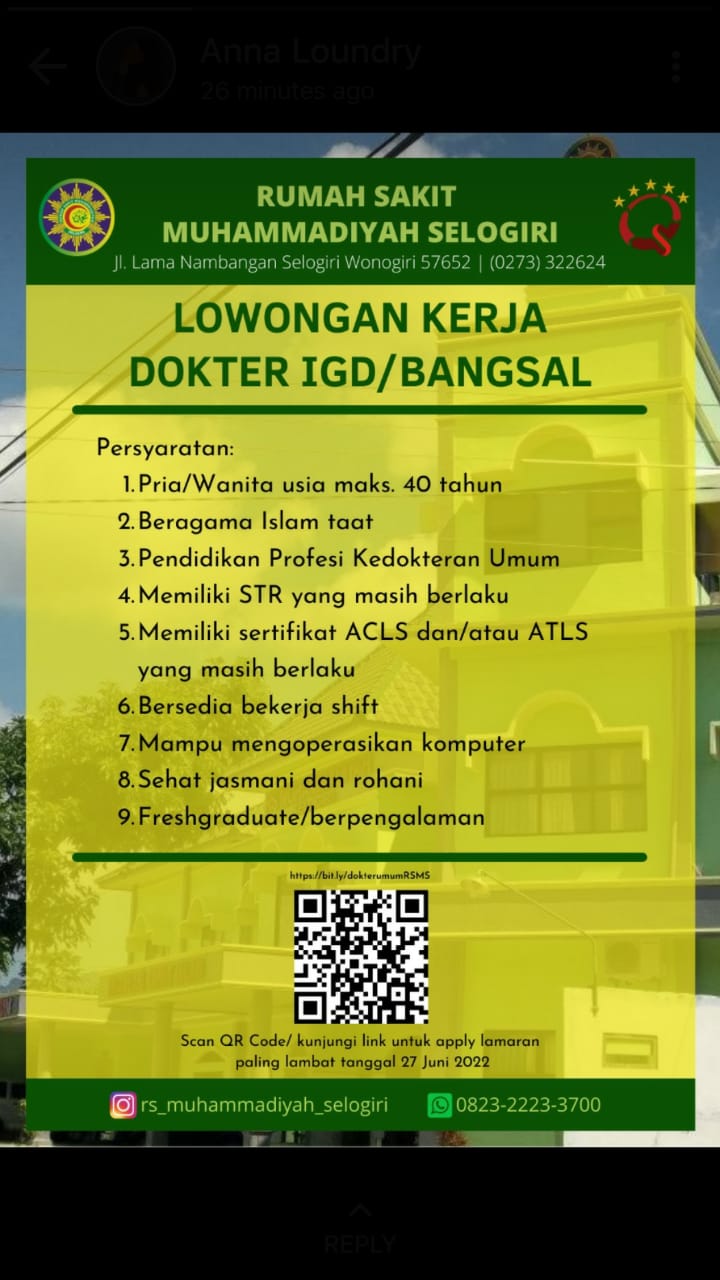 Lowongan Kerja Dokter IGD Bangsal Rumah Sakit Muhammadiyah Selogiri